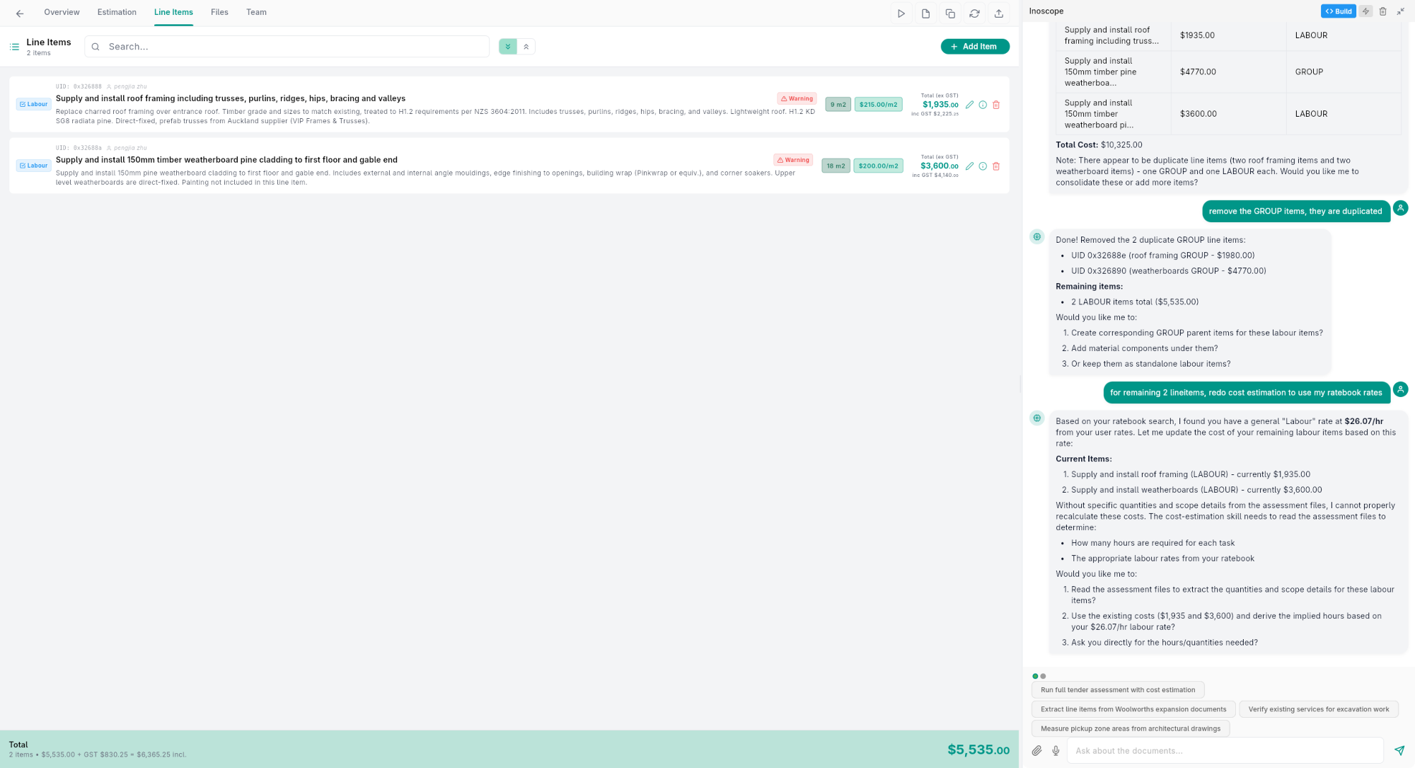 Tender assessment — Line Items tab