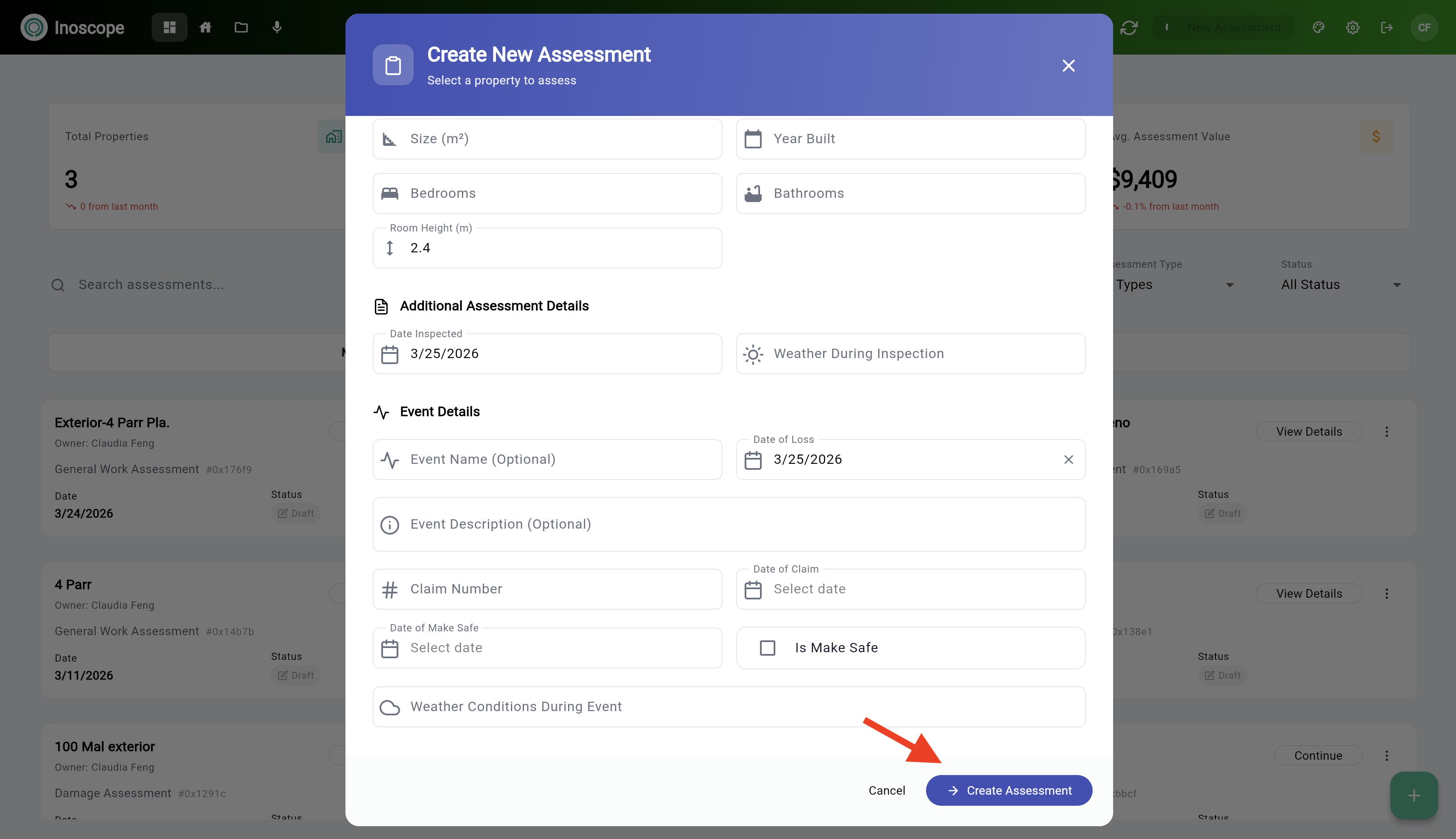Create New Assessment — additional assessment and event detail fields