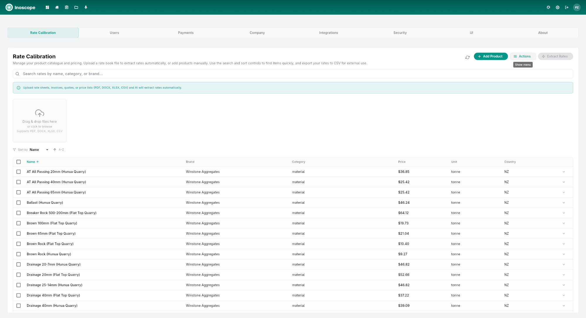 Settings — Rate Calibration tab (empty state)