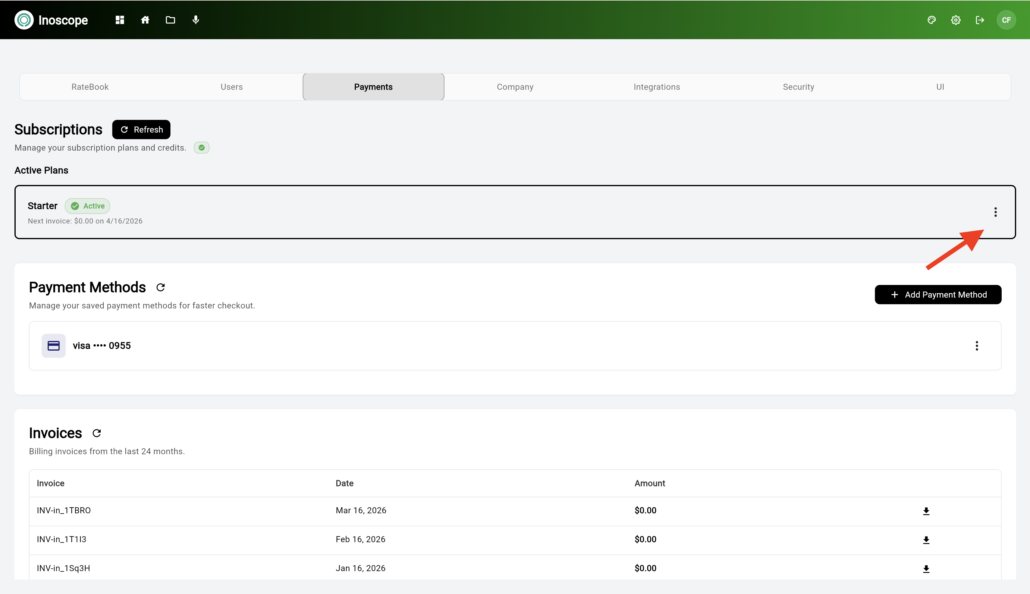 Subscription plan card — click the ⋯ menu to manage your plan