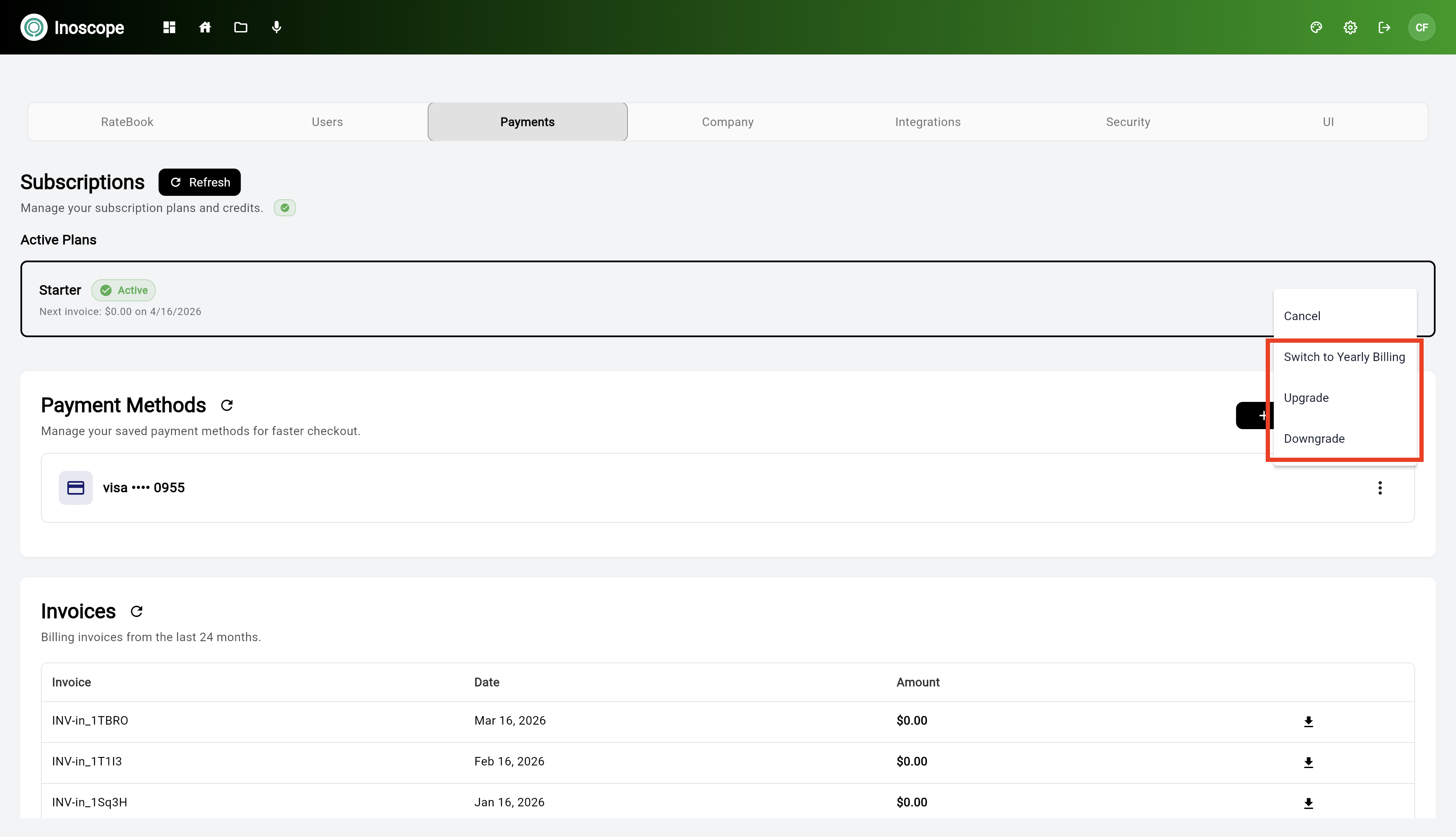 Subscription plan options — Cancel, Switch to Yearly Billing, Upgrade, Downgrade