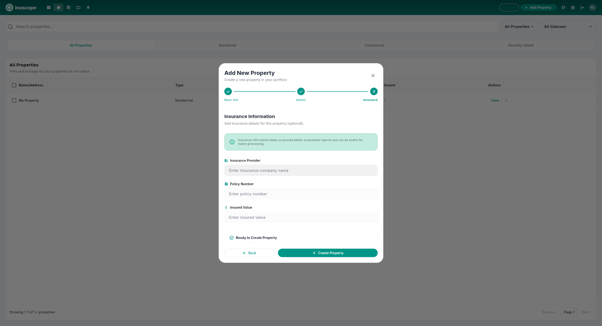Add New Property — Step 3: Insurance