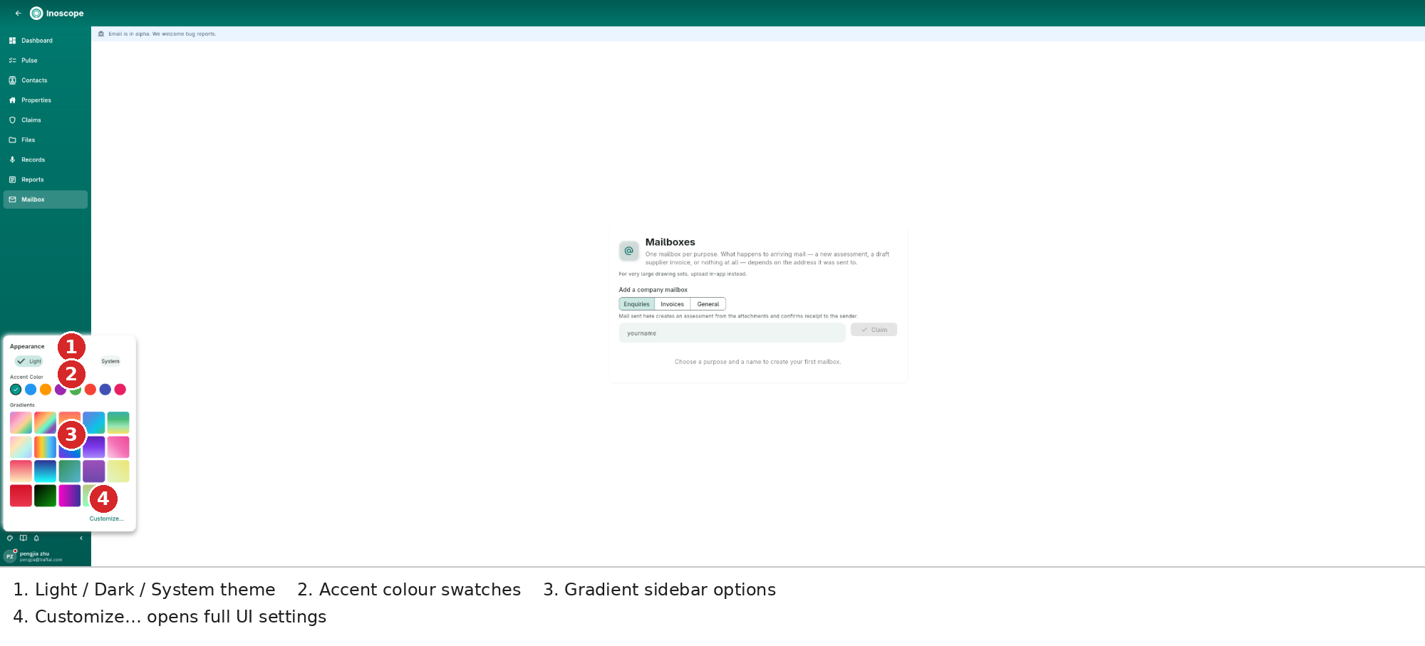 Appearance popover — Light/Dark/System theme, accent colour swatches, gradient sidebars, and a link to the full UI settings