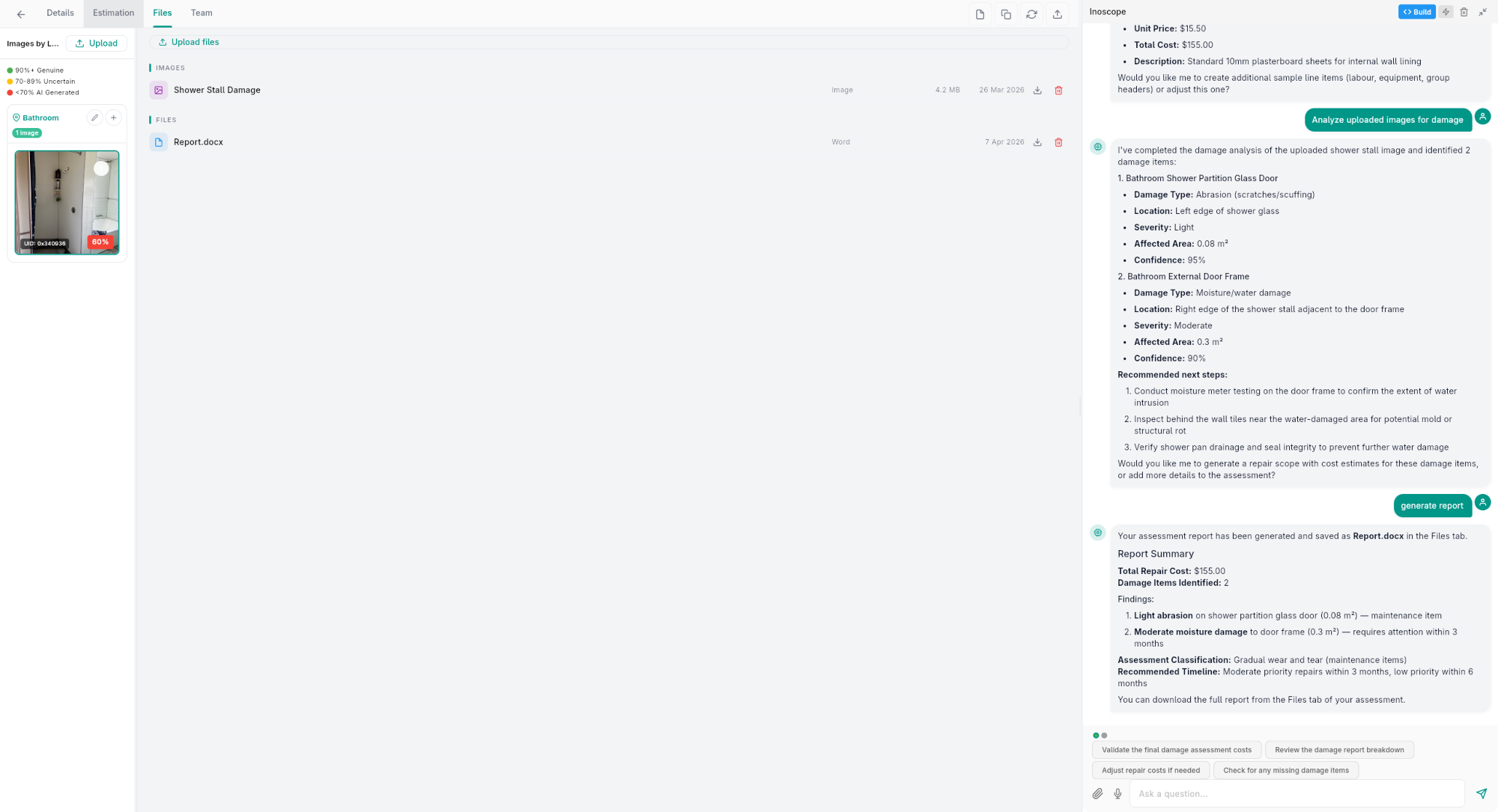 Assessment Files tab — showing generated Report.docx alongside uploaded images, with AI report summary in the chat panel