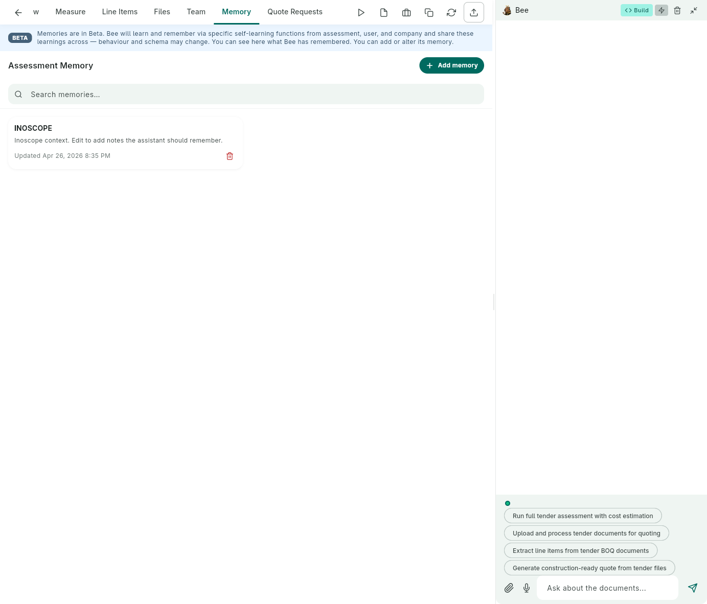 Assessment detail — Memory tab with assessment-scoped memories
