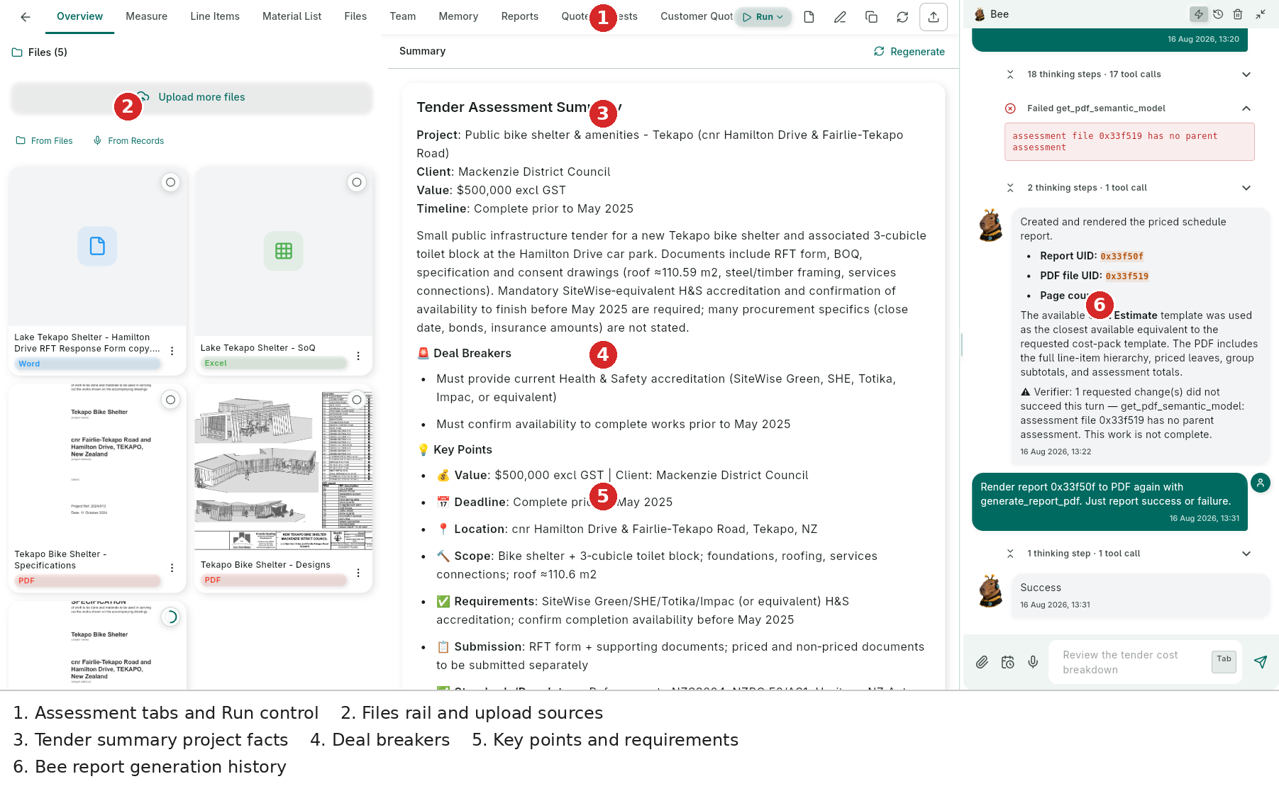 Completed tender overview — project facts, Deal Breakers, Key Points, five source files and Bee report history