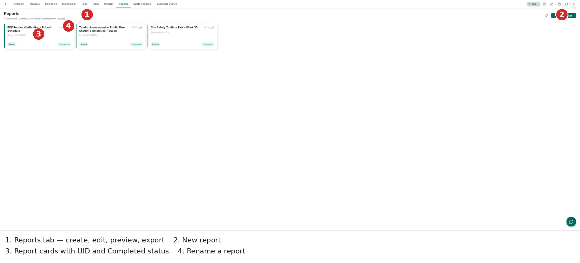 Reports tab — report cards with UIDs and statuses, rename, and New report