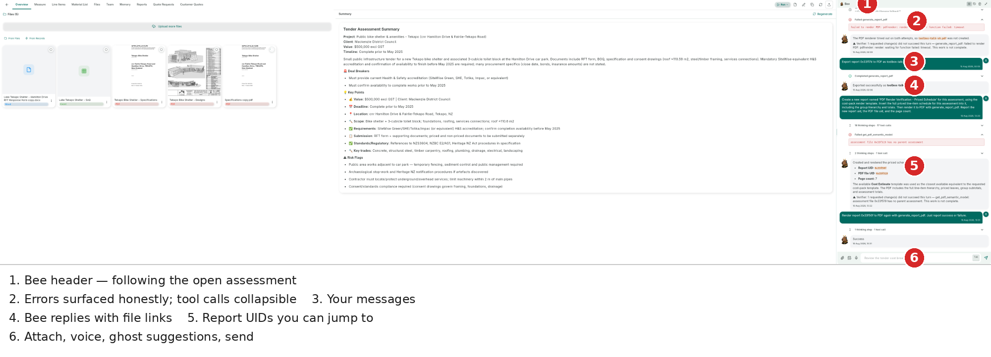 Bee docked beside a tender assessment — history with user messages, collapsible thinking/tool-call sections, surfaced errors, report UIDs, and the input bar with attachments, voice and ghost suggestions