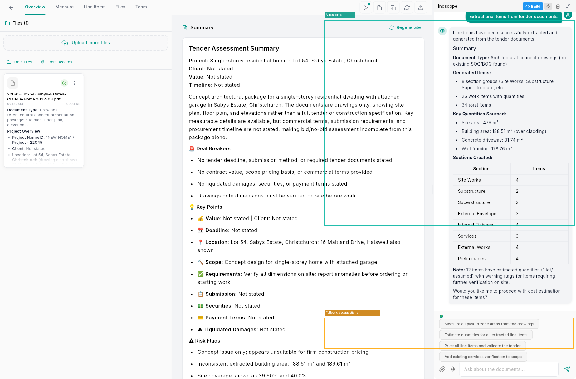 Agent response with structured output and follow-up suggestion chips at the bottom