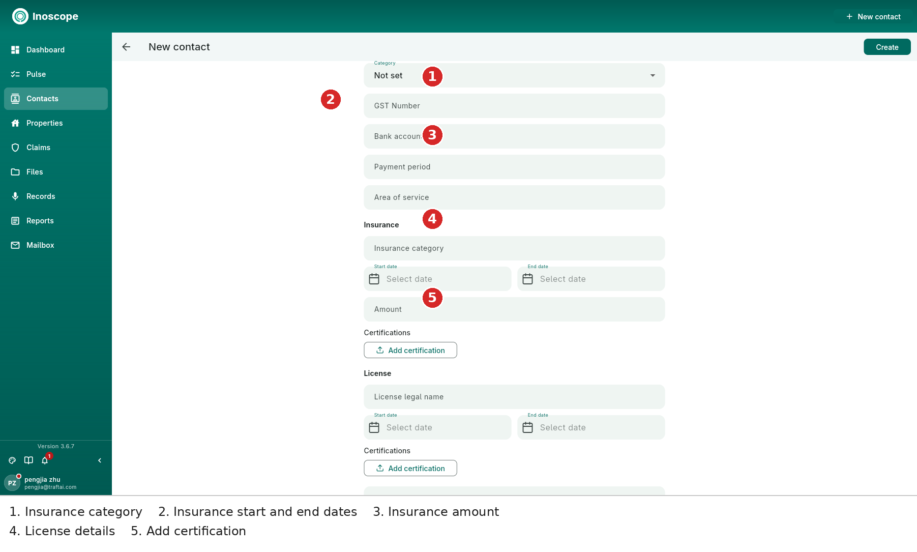 Add contact — insurance, licence dates, amount and certification controls