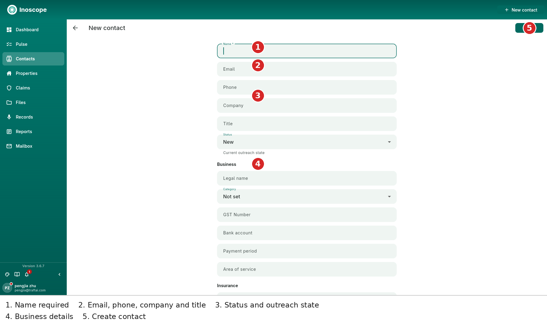 Add contact — identity, status, business fields, category and Create