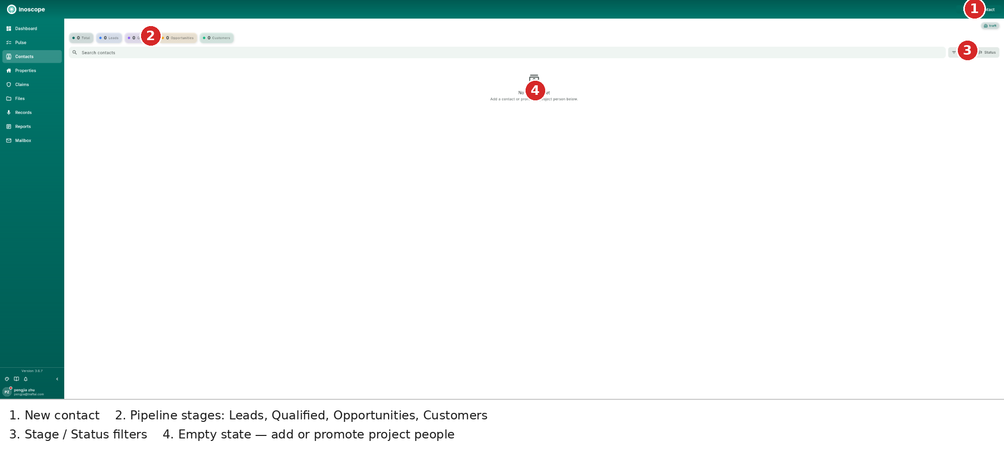 Contacts — pipeline counts, search, filters, tags and contact rows