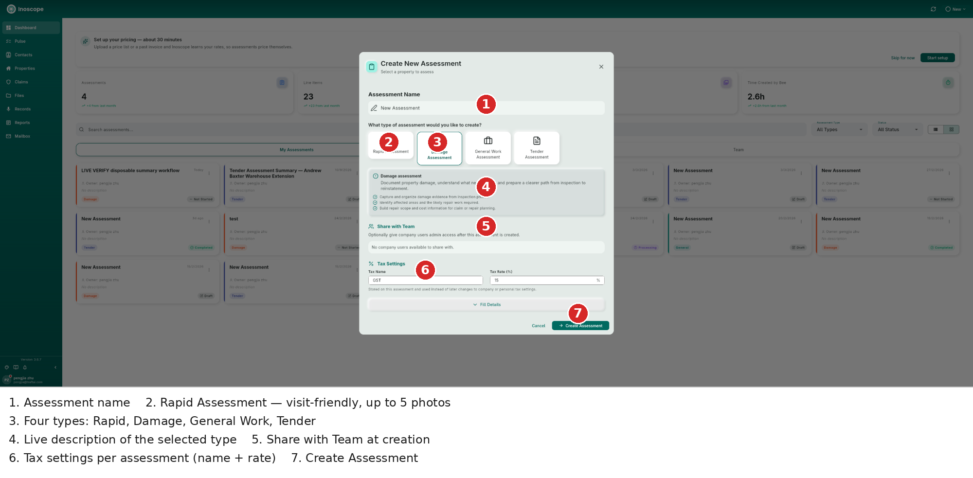 Create New Assessment dialog — name, four type cards, Share with Team, tax settings and Fill Details