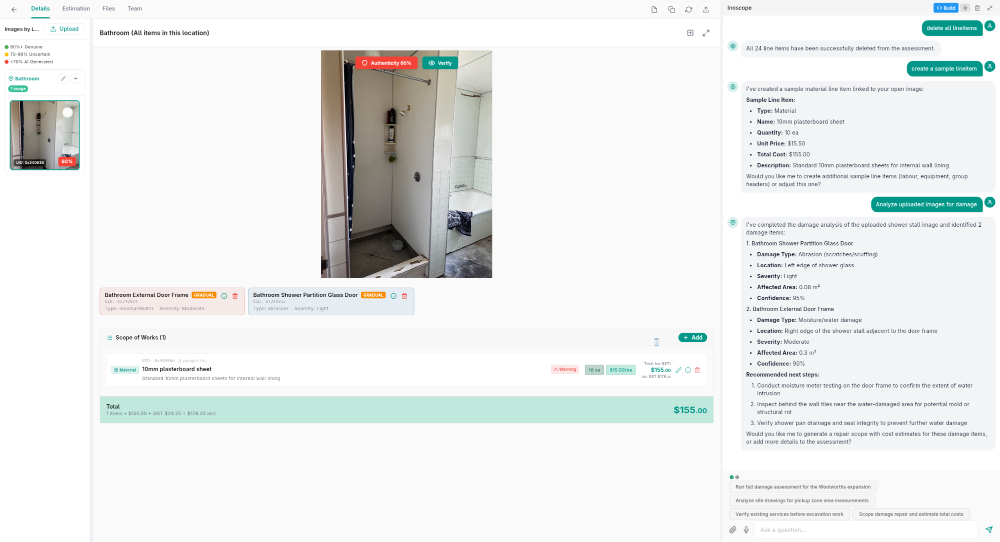 Assessment Details tab — image panel (left), main viewer with damage overlay (center), AI chat assistant (right)