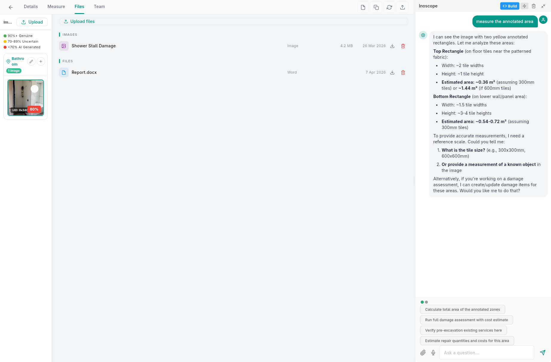 Damage assessment — Files tab showing uploaded images and documents