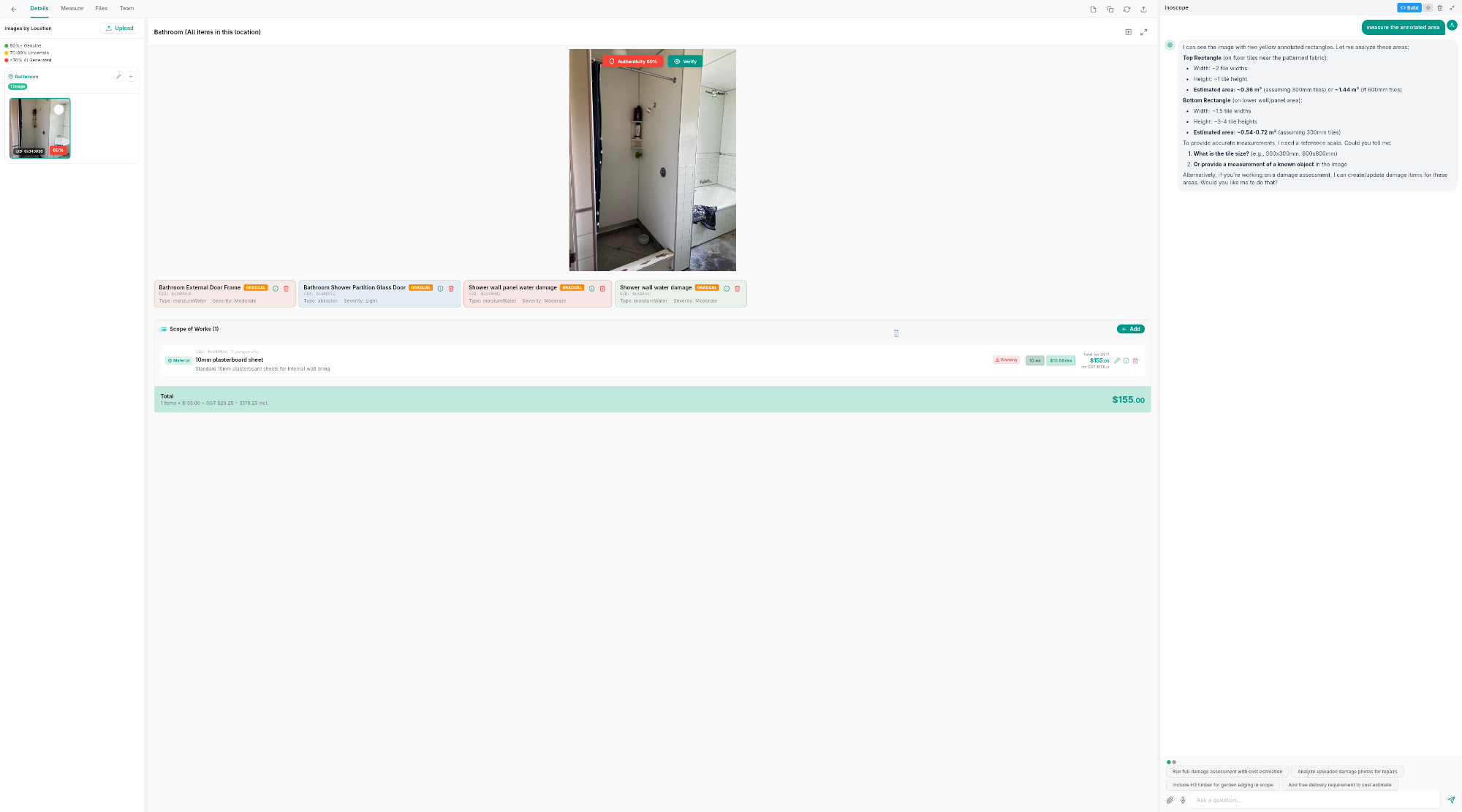 Damage Assessment — Details tab showing uploaded images, detected damage items with bounding boxes, Scope of Works, and AI chat