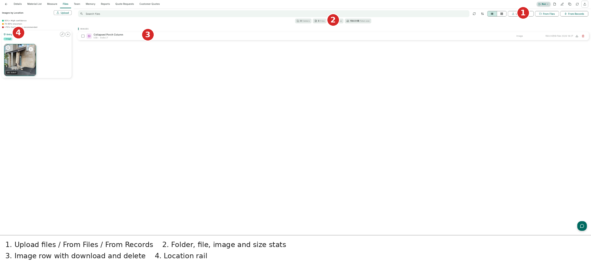 Damage Files — upload sources, counters, the images group, and the locations rail