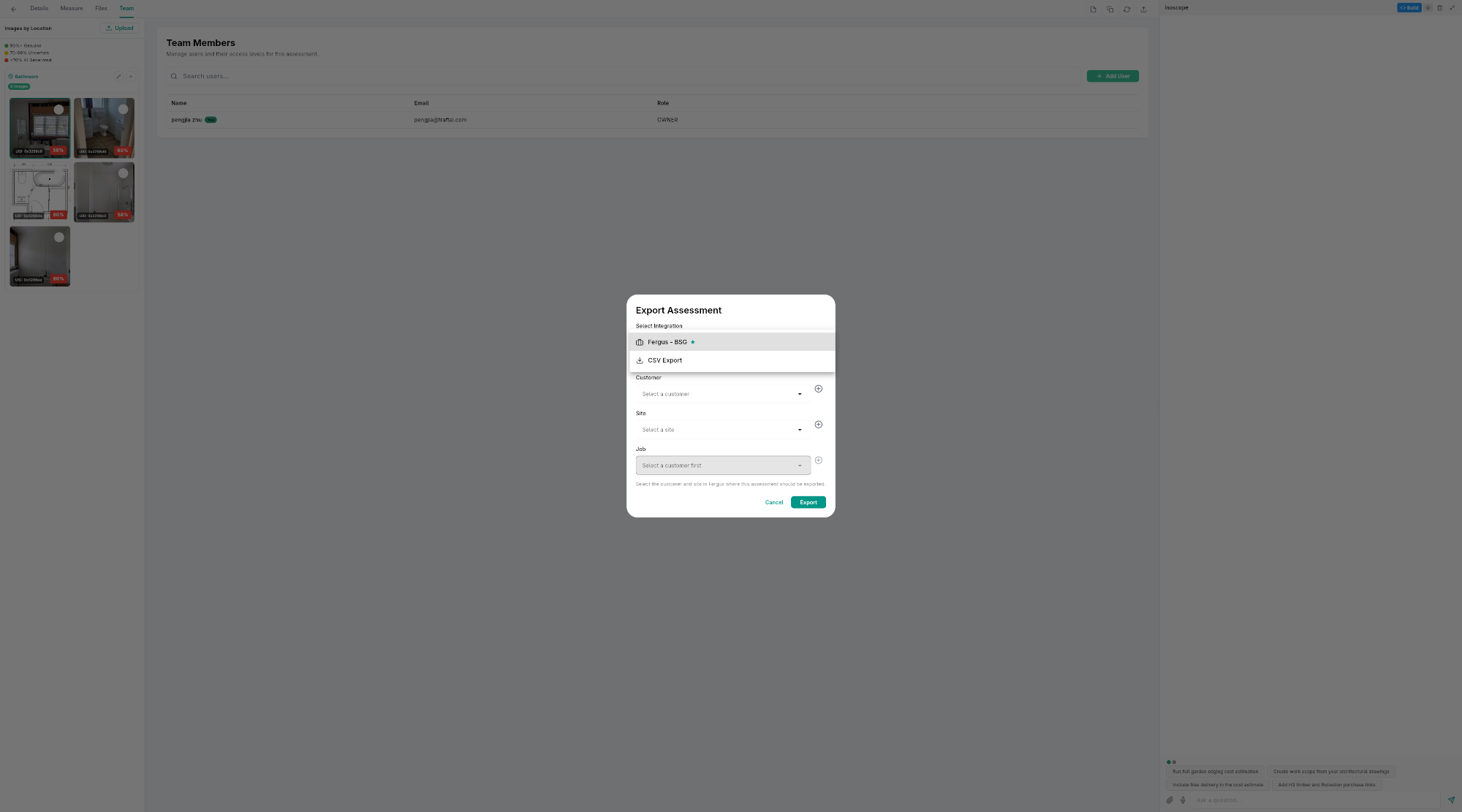 Export dialog showing available export options — Fergus and CSV