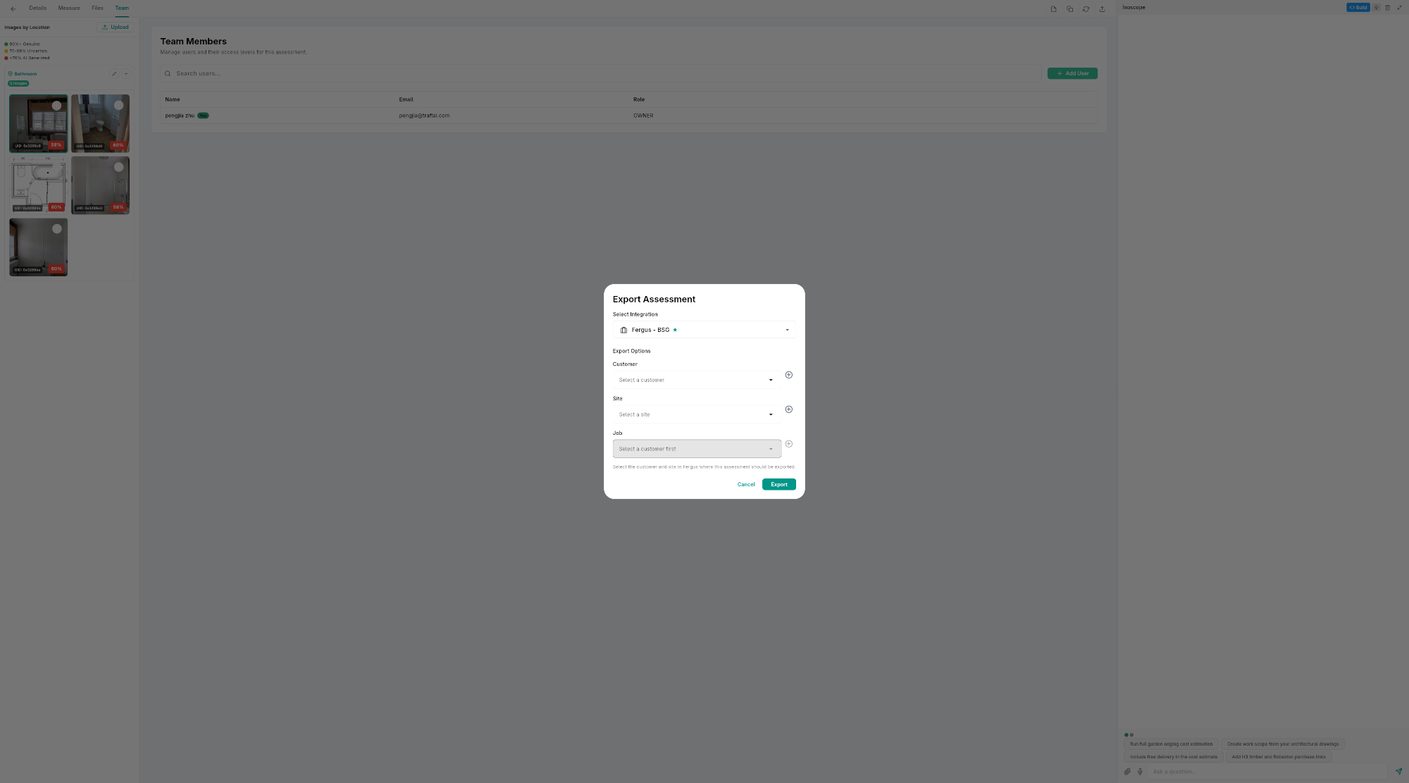 Fergus export options — Customer, Site, and Job selection with search and create-new support