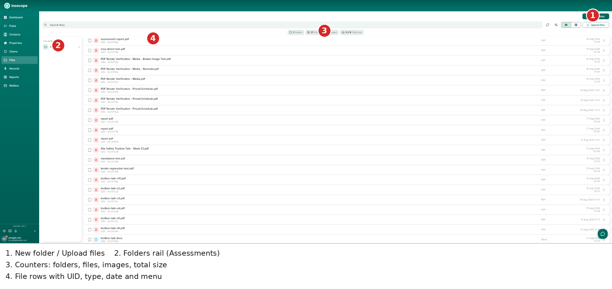 Files — New folder and Upload, the folders rail, counters, and file rows with UIDs, types and dates