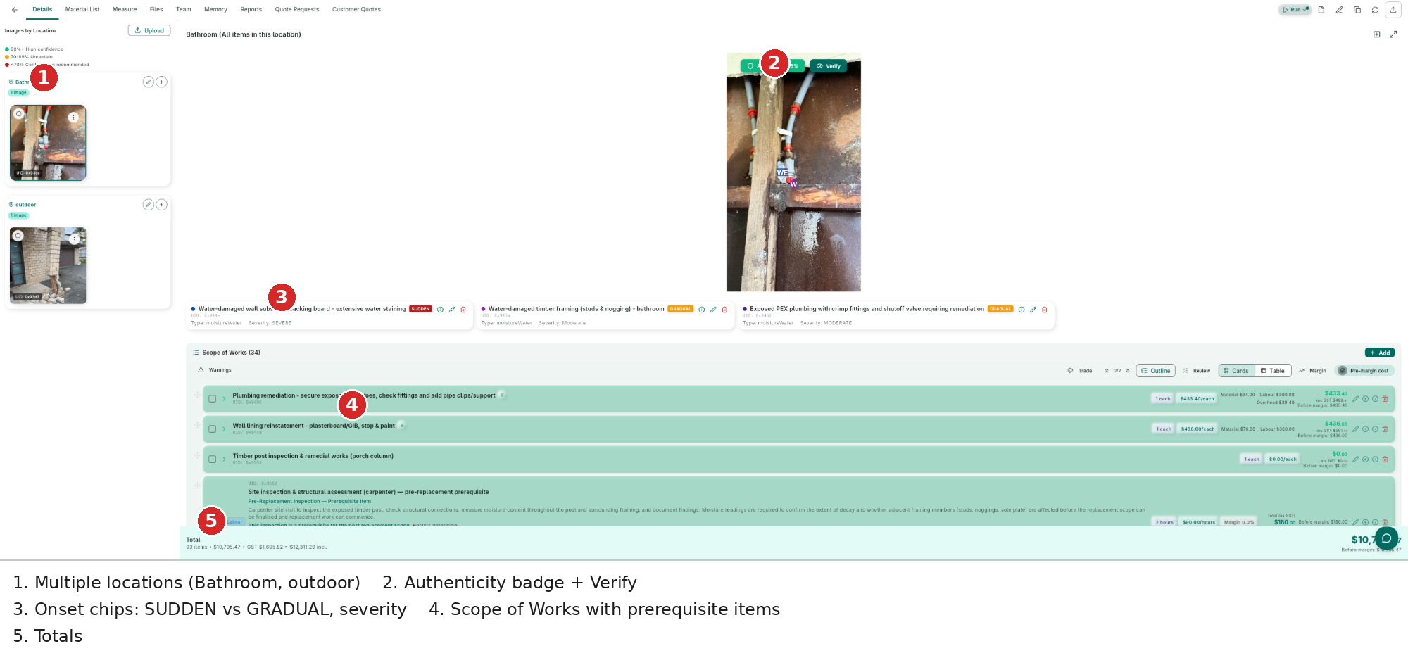 General Details — multiple locations, authenticity badge, damage-style findings with SUDDEN/GRADUAL onset, and a Scope of Works with prerequisite items and totals