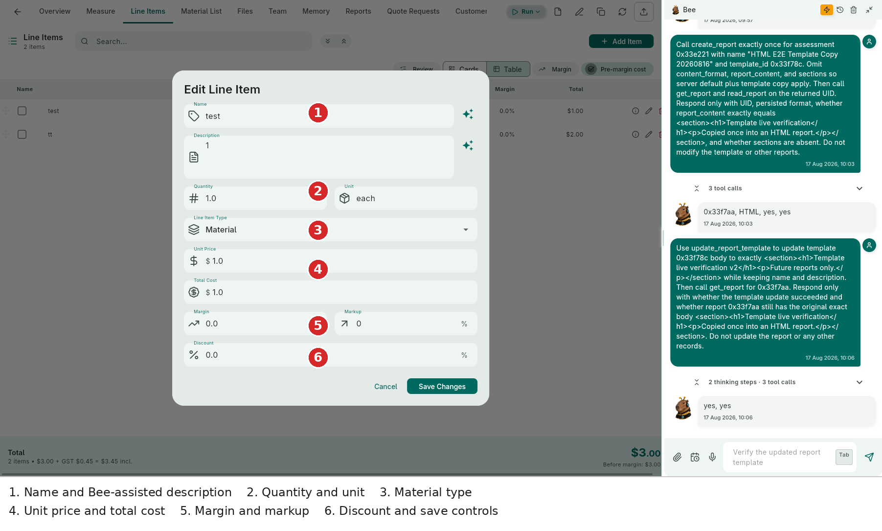 Edit Line Item — name, description, quantity, unit, type, price, margin, markup and discount