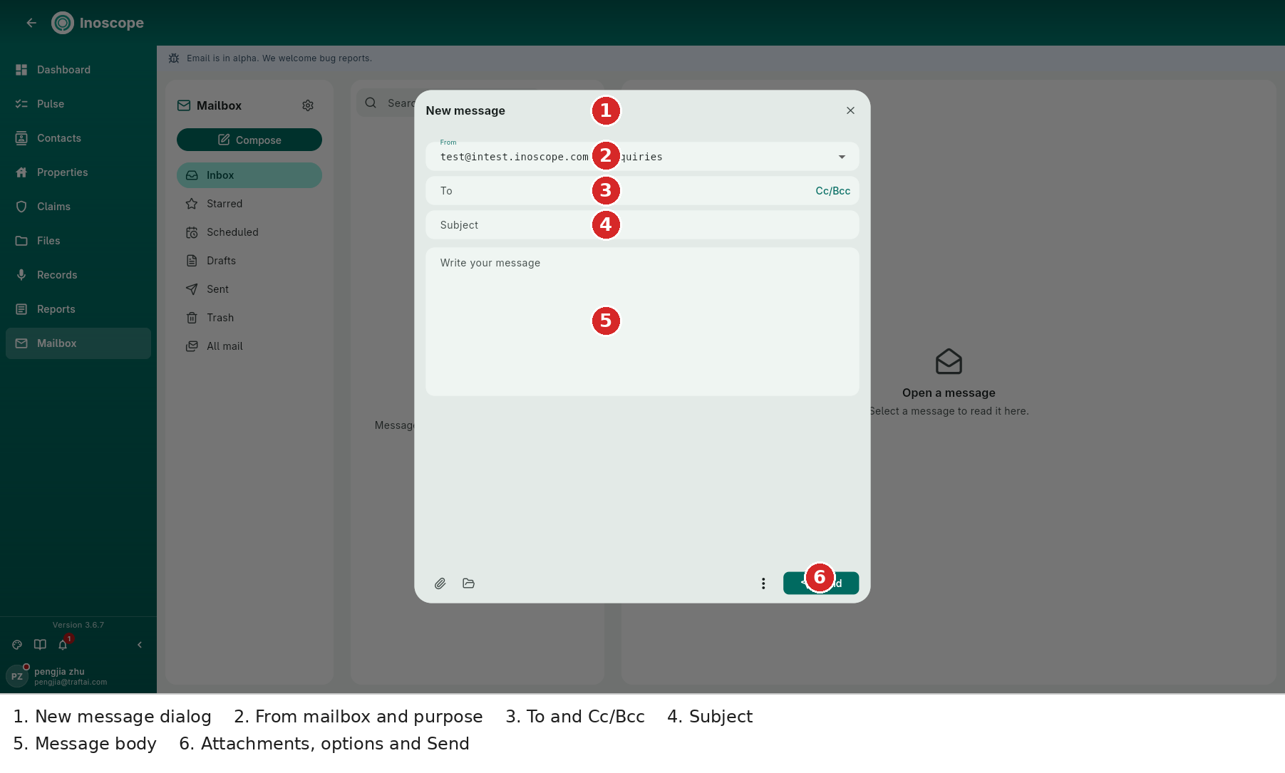 New message — sender/purpose dropdown, recipients, subject, body, attachments and Send