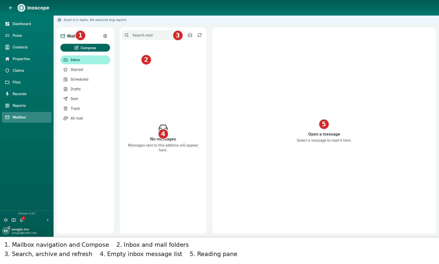 Mailbox — alpha banner, folders, search, empty inbox and reading pane