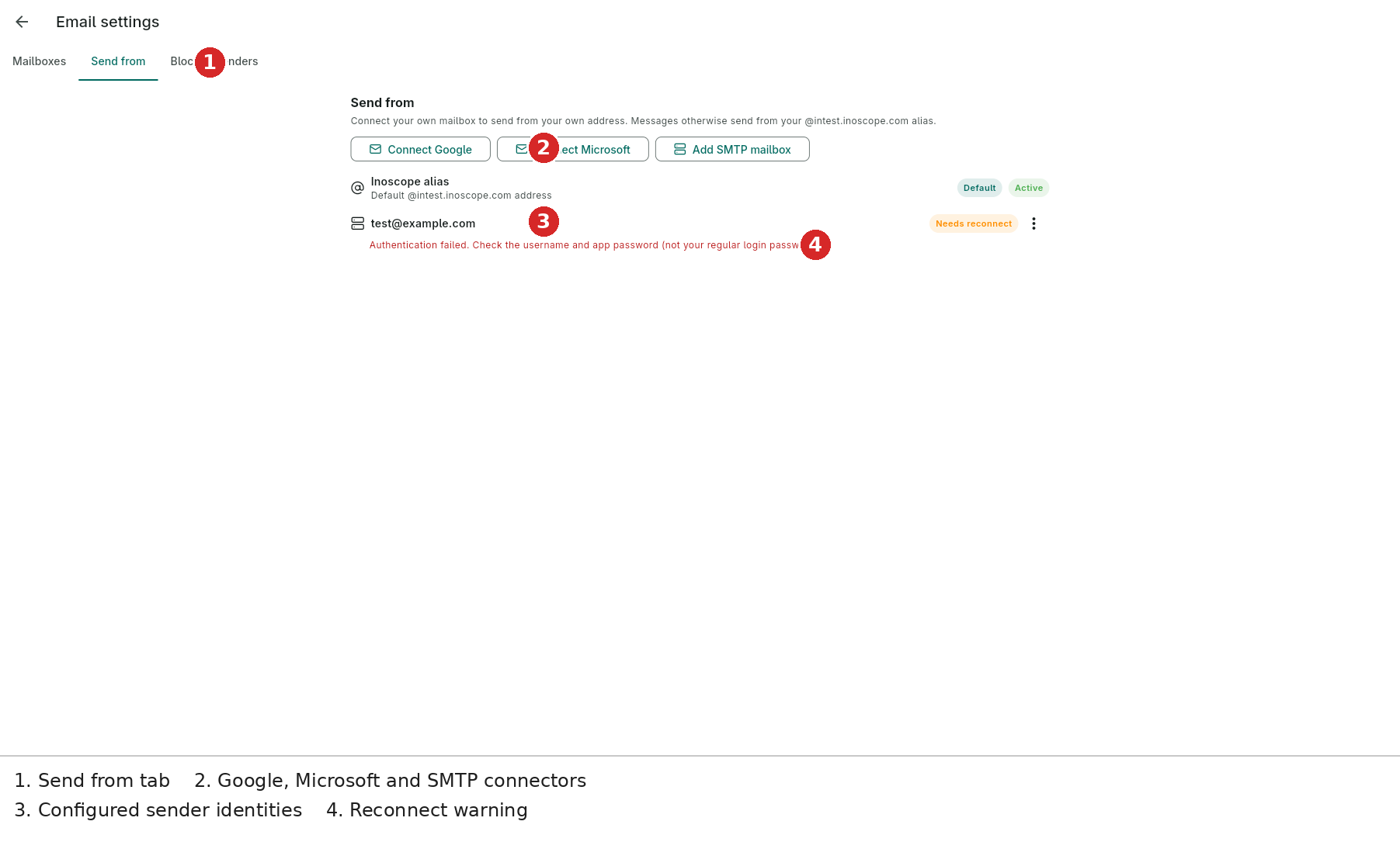 Send from — Google, Microsoft and SMTP connectors, aliases and reconnect state