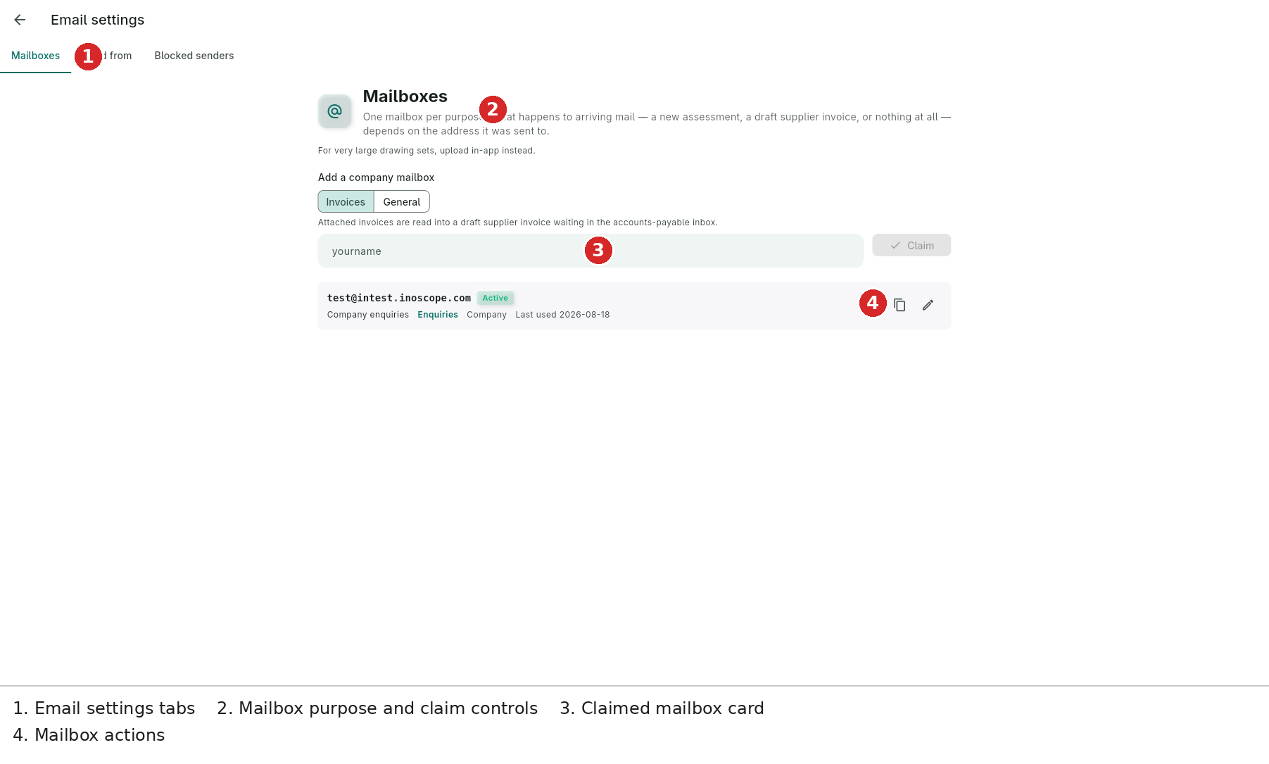 Email settings — mailbox purpose controls and a claimed company mailbox