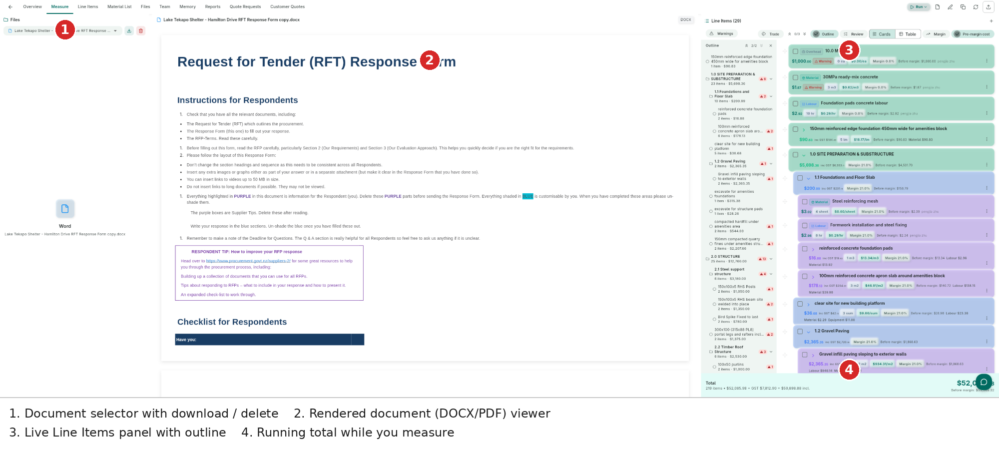 Measure — document selector on the left, the rendered document in the middle, and a live line-item panel with outline and totals on the right
