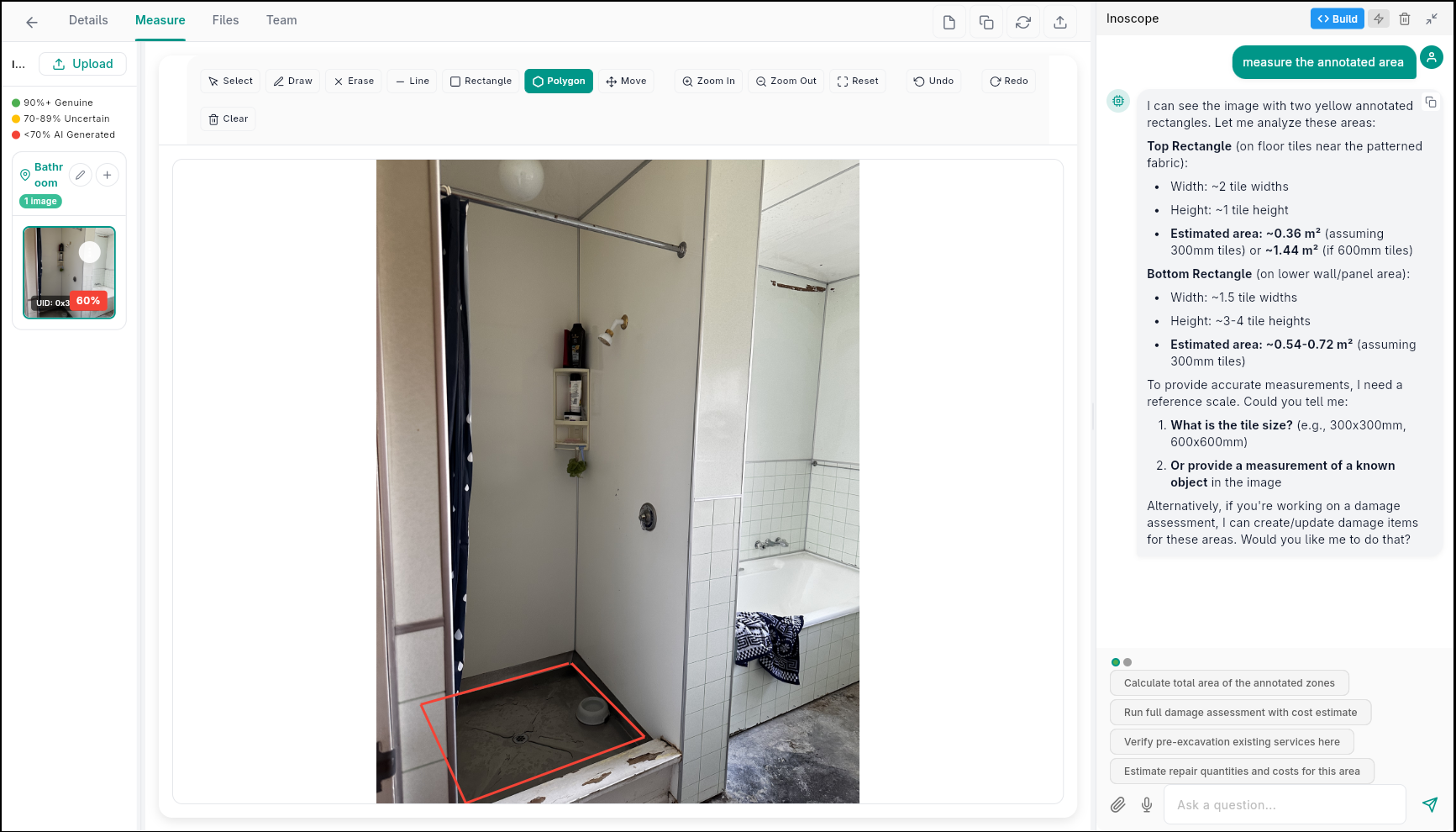 Damage assessment — Measure tab with annotation toolbar and image canvas