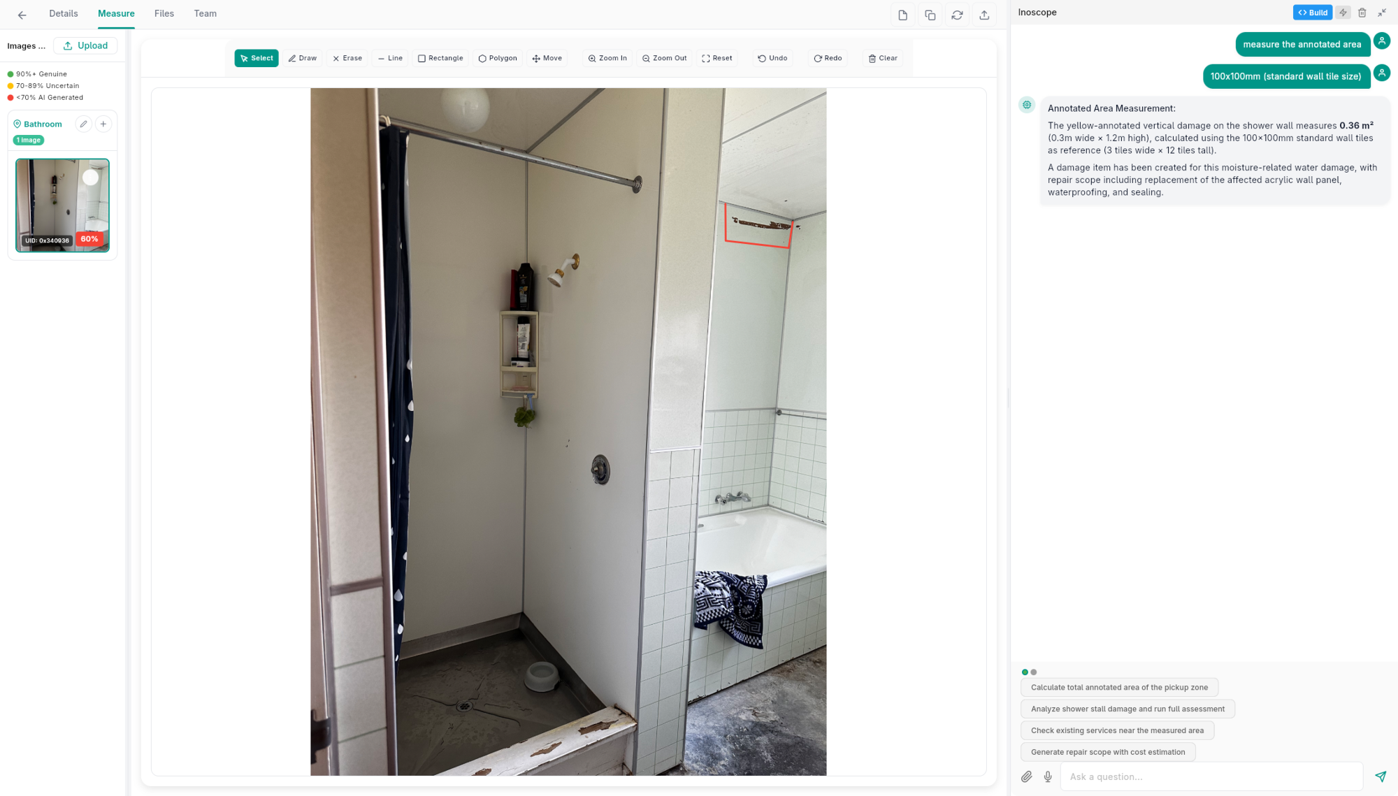 Measurement Panel — full layout showing image canvas with annotation, toolbar, and AI chat panel