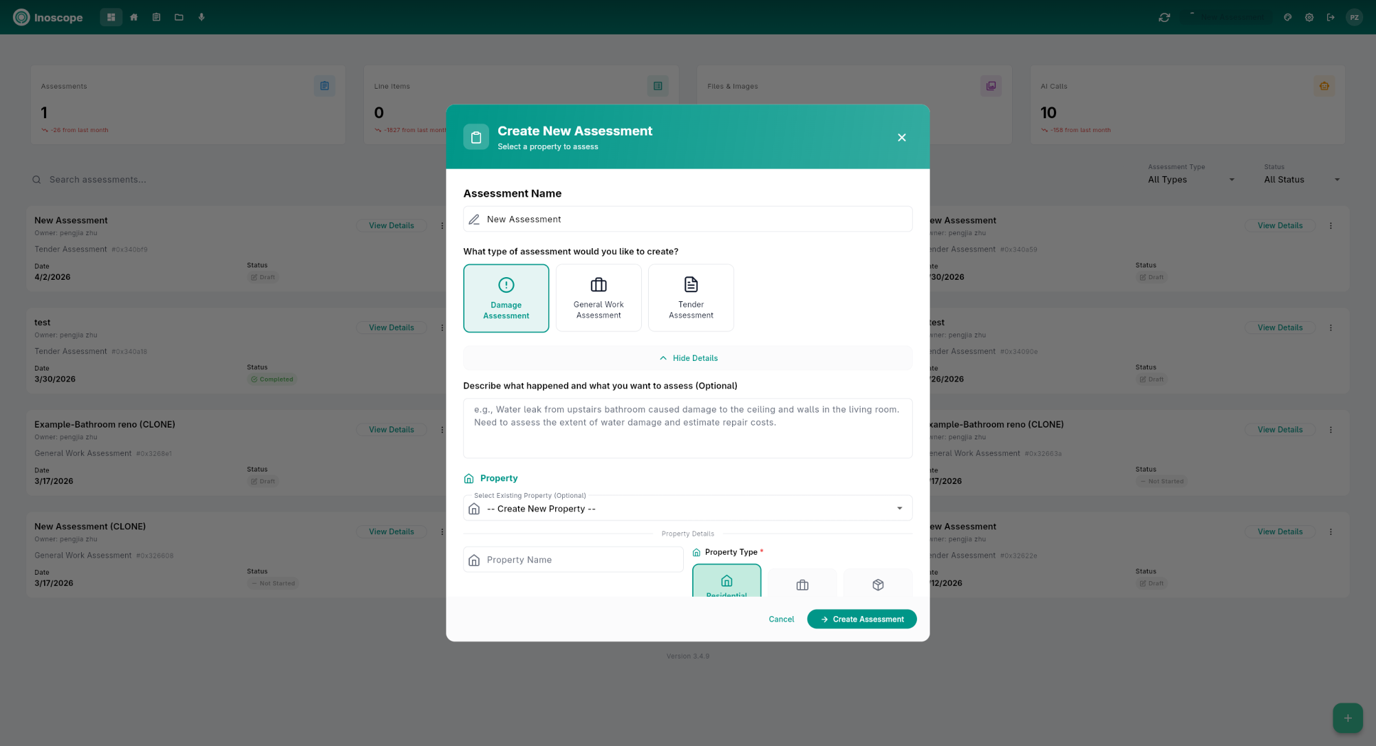 Create New Assessment — expanded details