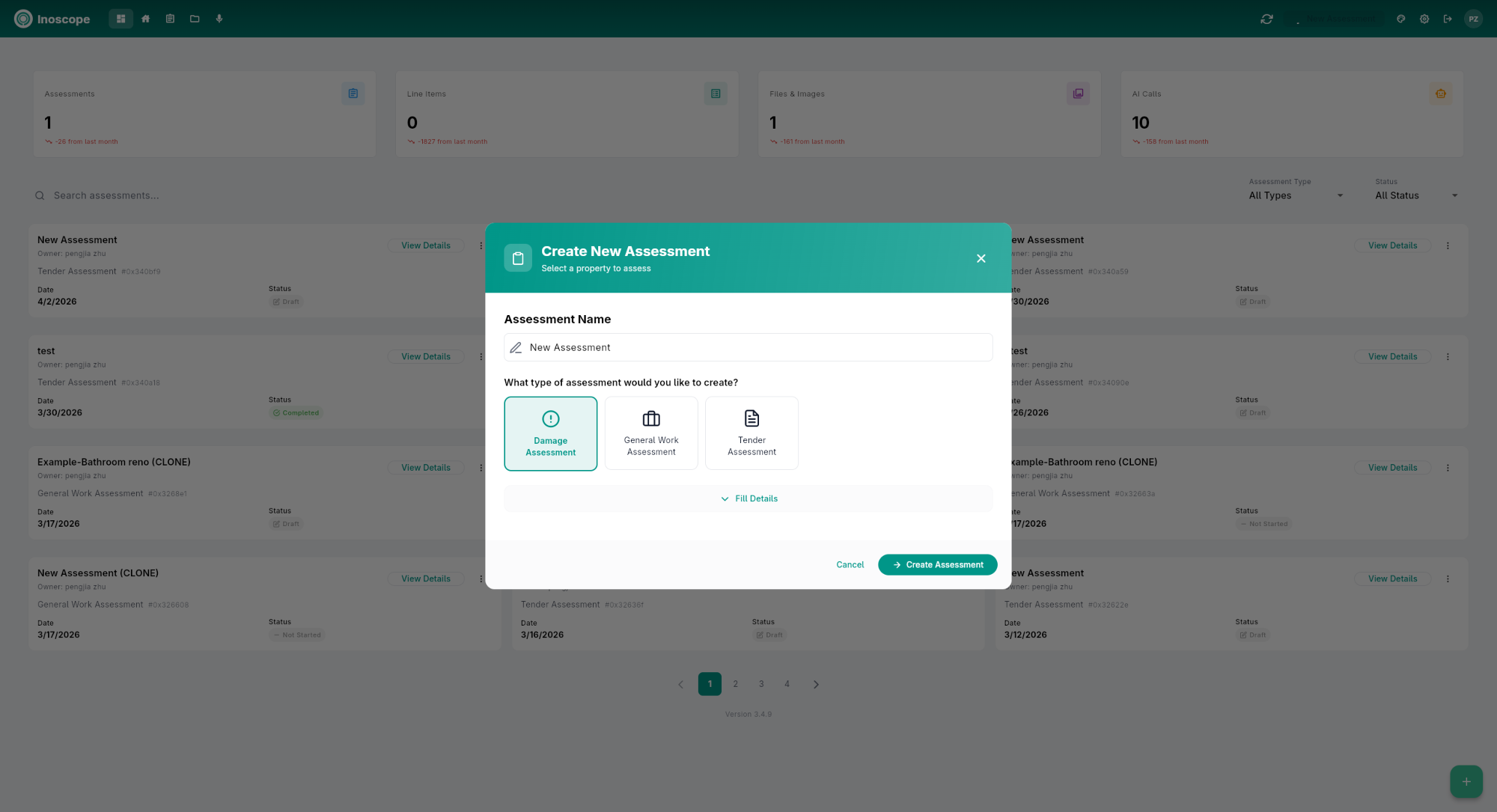 Create New Assessment dialog — property and description fields