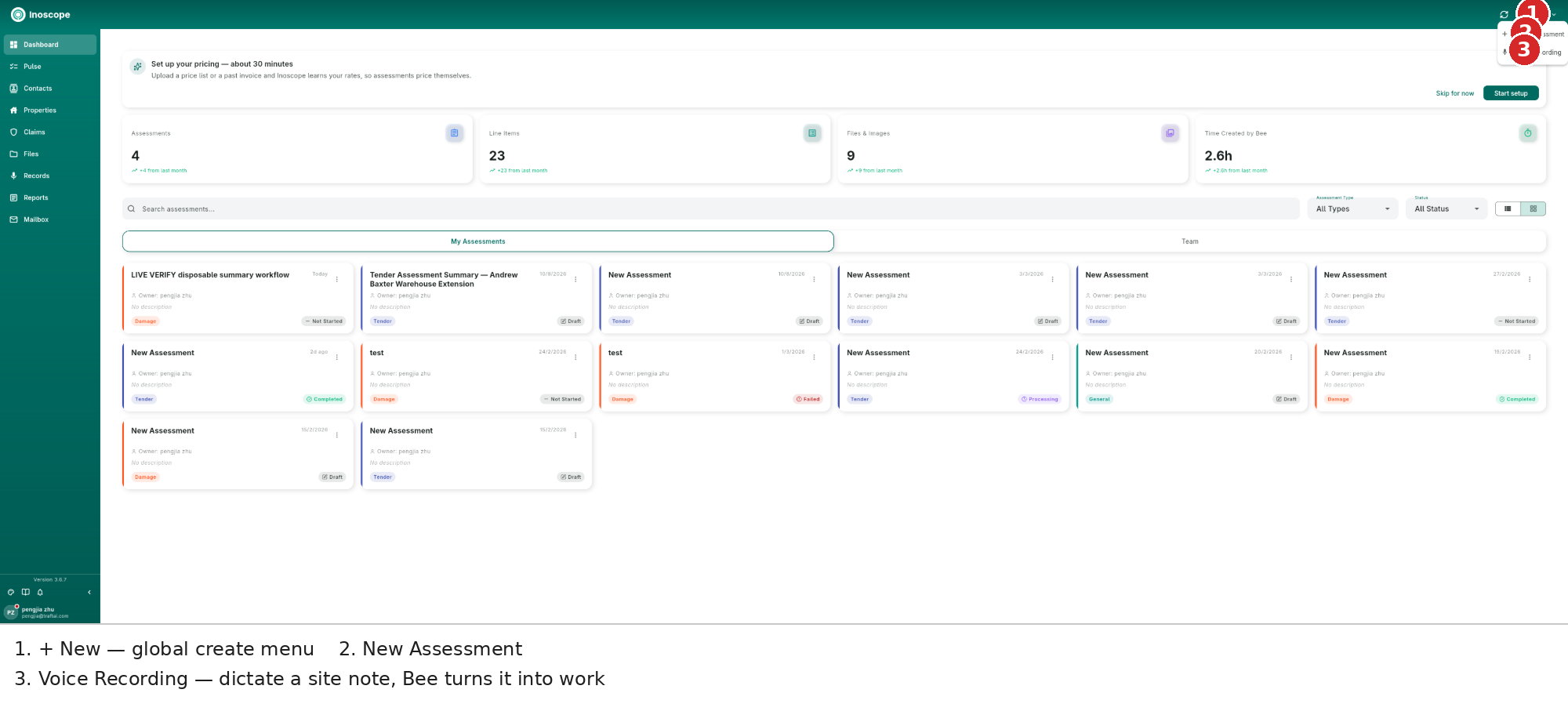 + New menu — New Assessment and Voice Recording