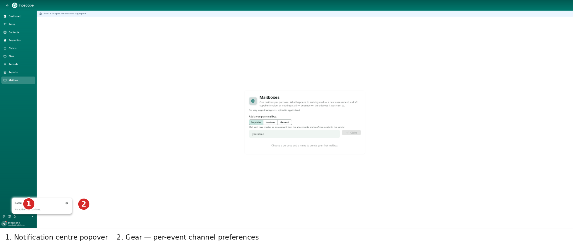 Notification centre popover with a gear that opens per-event channel preferences