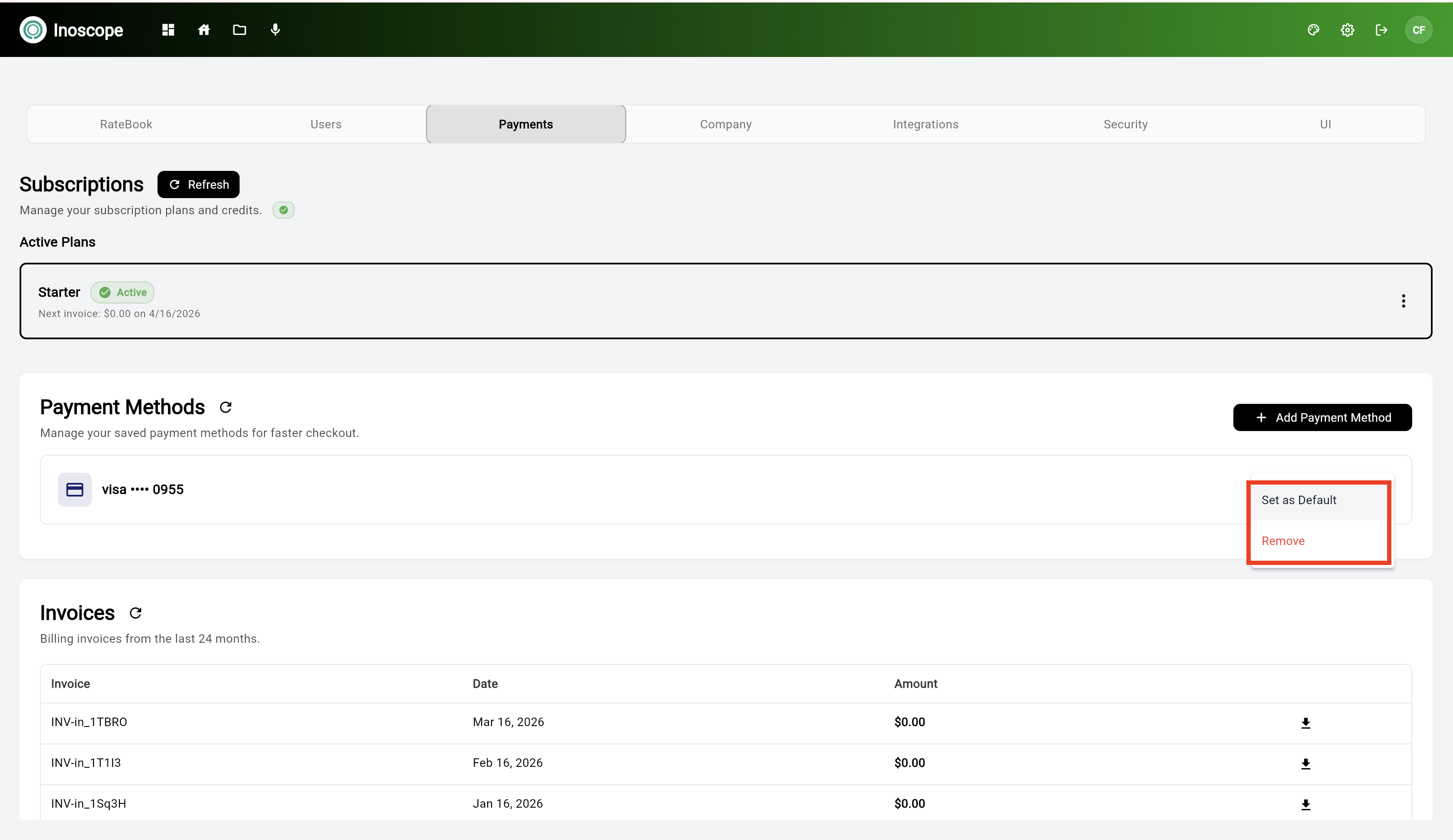 Payment method options — Set as Default, Remove
