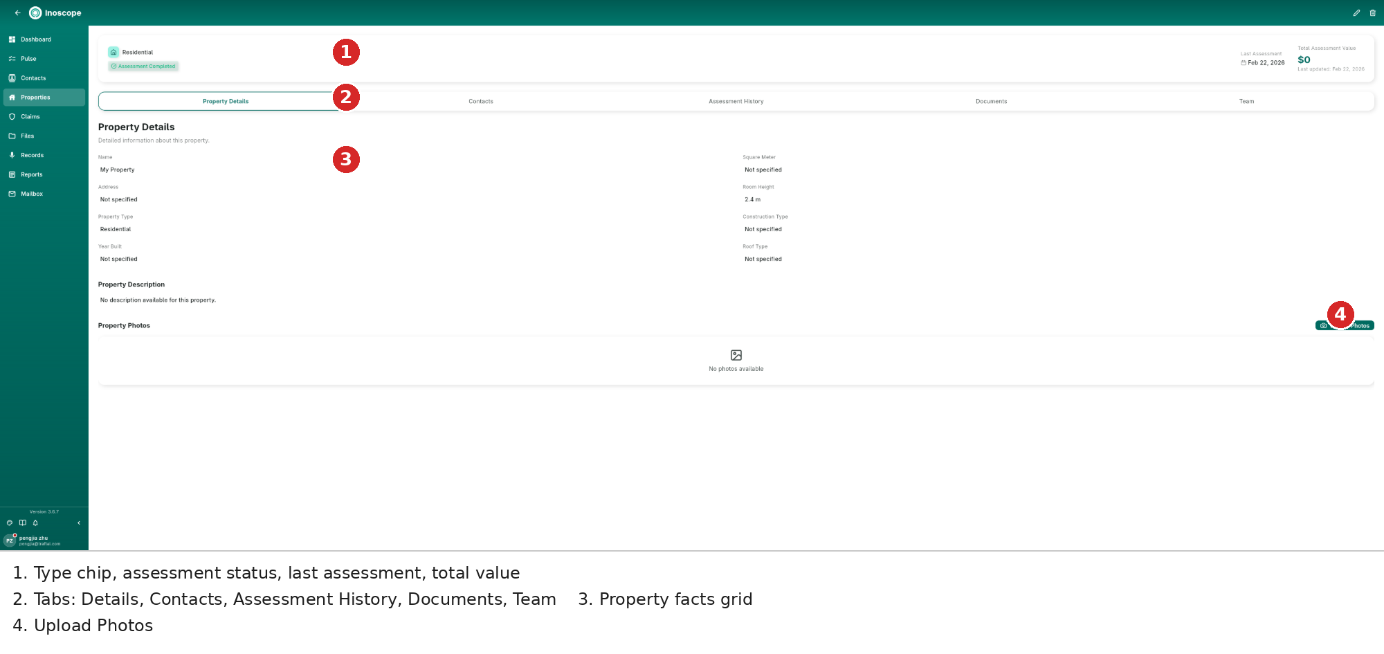 Property detail — status chips and value stats, five tabs, the facts grid, and photo upload