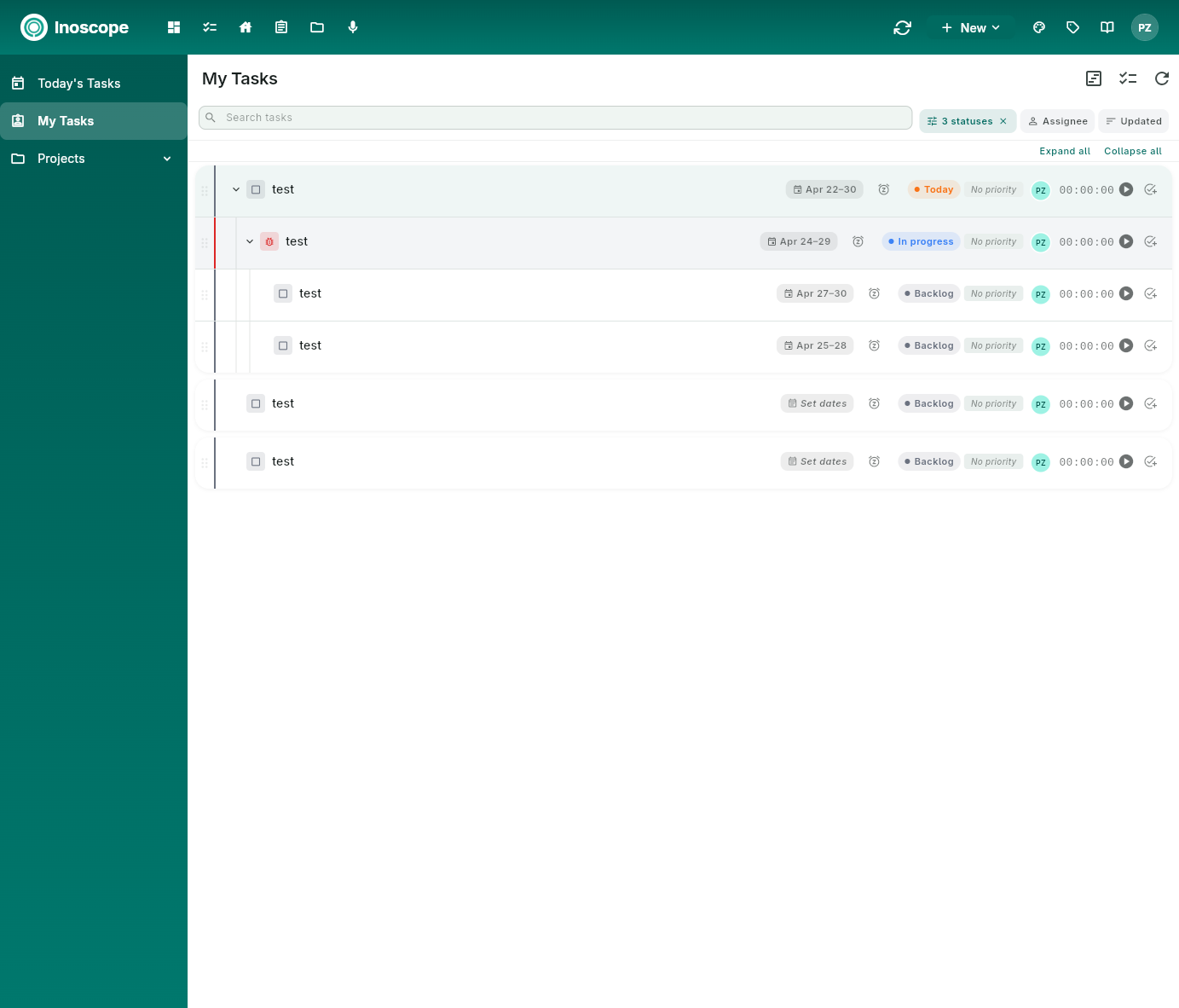 Pulse — My Tasks list with hierarchical tasks across projects, dates, statuses, priorities, and timer