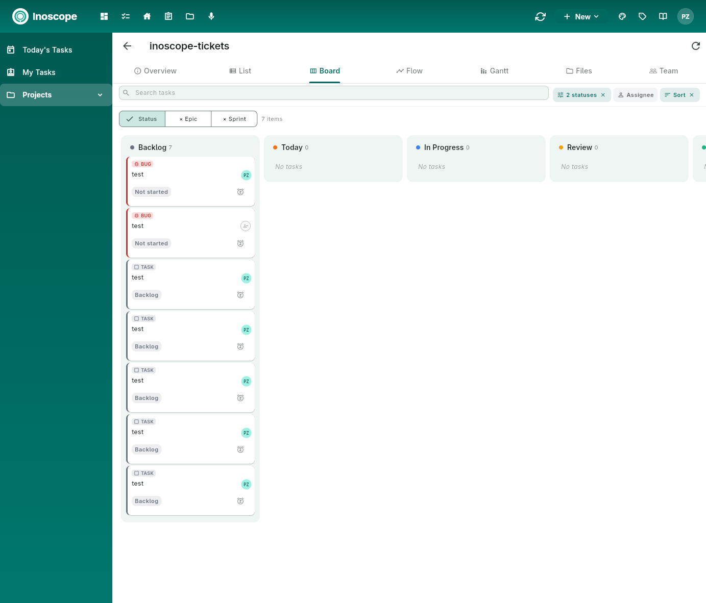 Pulse — project Board tab grouped by Status with Backlog, Today, In Progress, Review columns