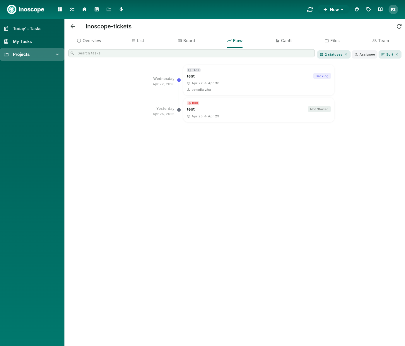 Pulse — project Flow tab showing scheduled tasks grouped by day with type, status, dates, and assignee