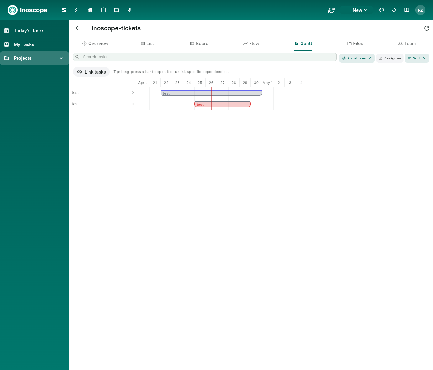 Pulse — project Gantt tab with bars across days and a Link tasks control