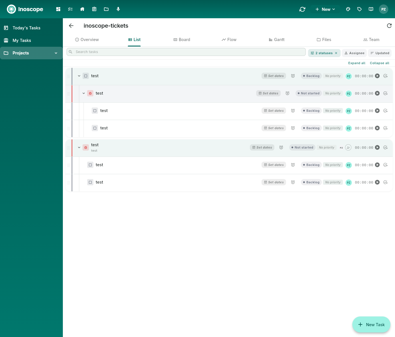 Pulse — project List tab with hierarchical tasks, dates, status, priority, assignee, and timer