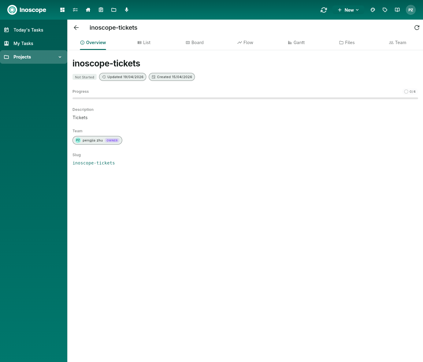 Pulse — project Overview tab with status, progress, description, team, and slug
