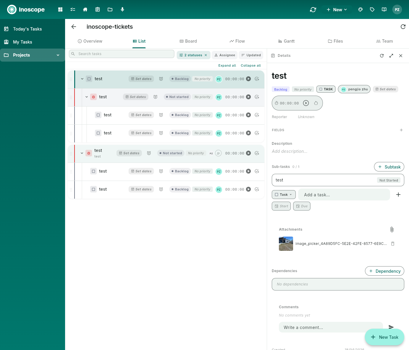Pulse — task split-pane: list on the left, task details on the right