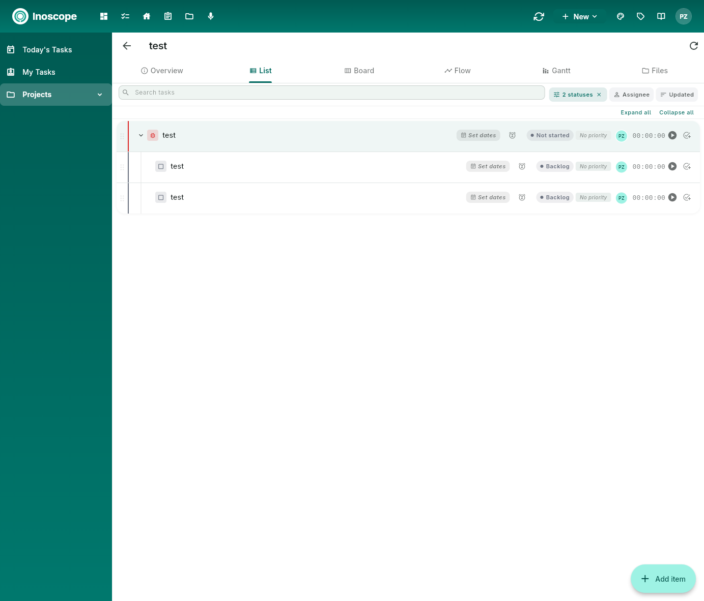 Pulse — task List tab showing this task's sub-tasks with the same row controls as the project list