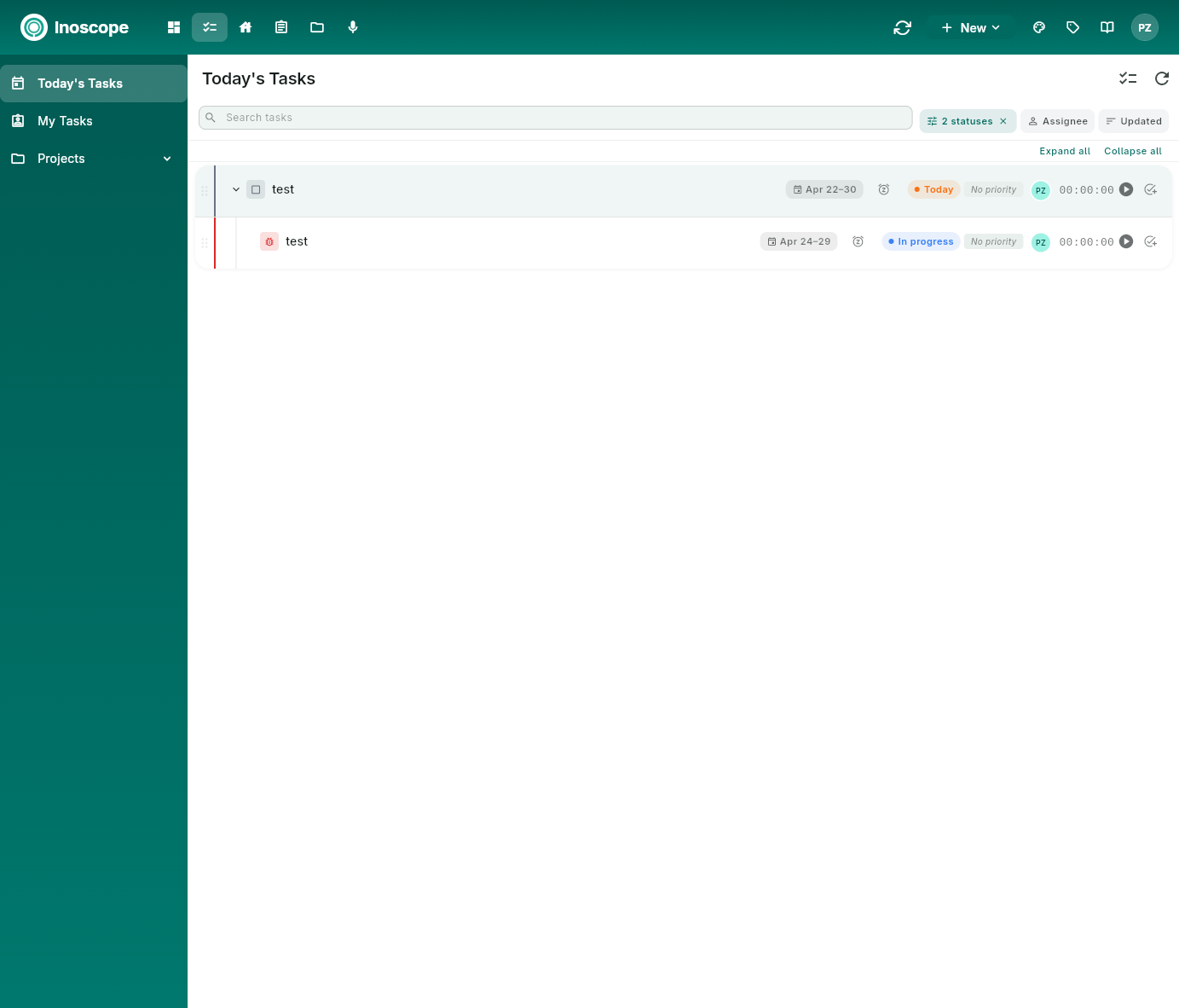 Pulse — Today's Tasks list with sidebar showing Today's Tasks, My Tasks, and Projects