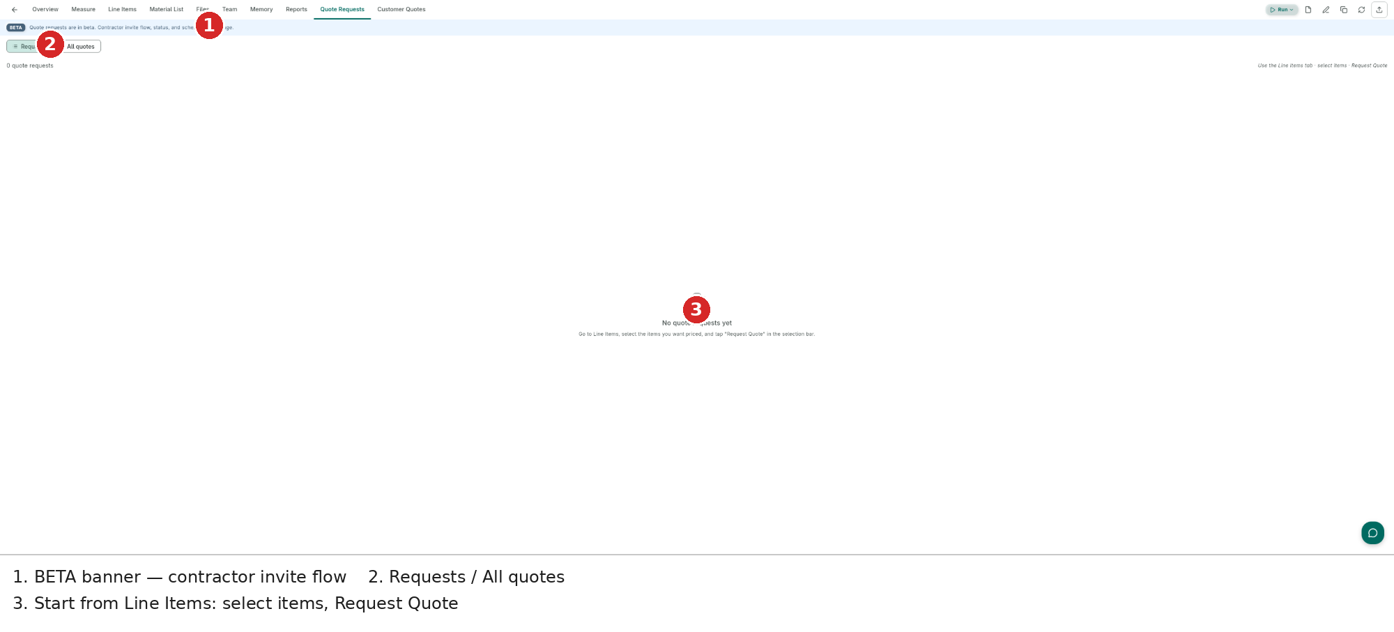Quote Requests — BETA banner, Requests/All quotes, and the empty-state instruction