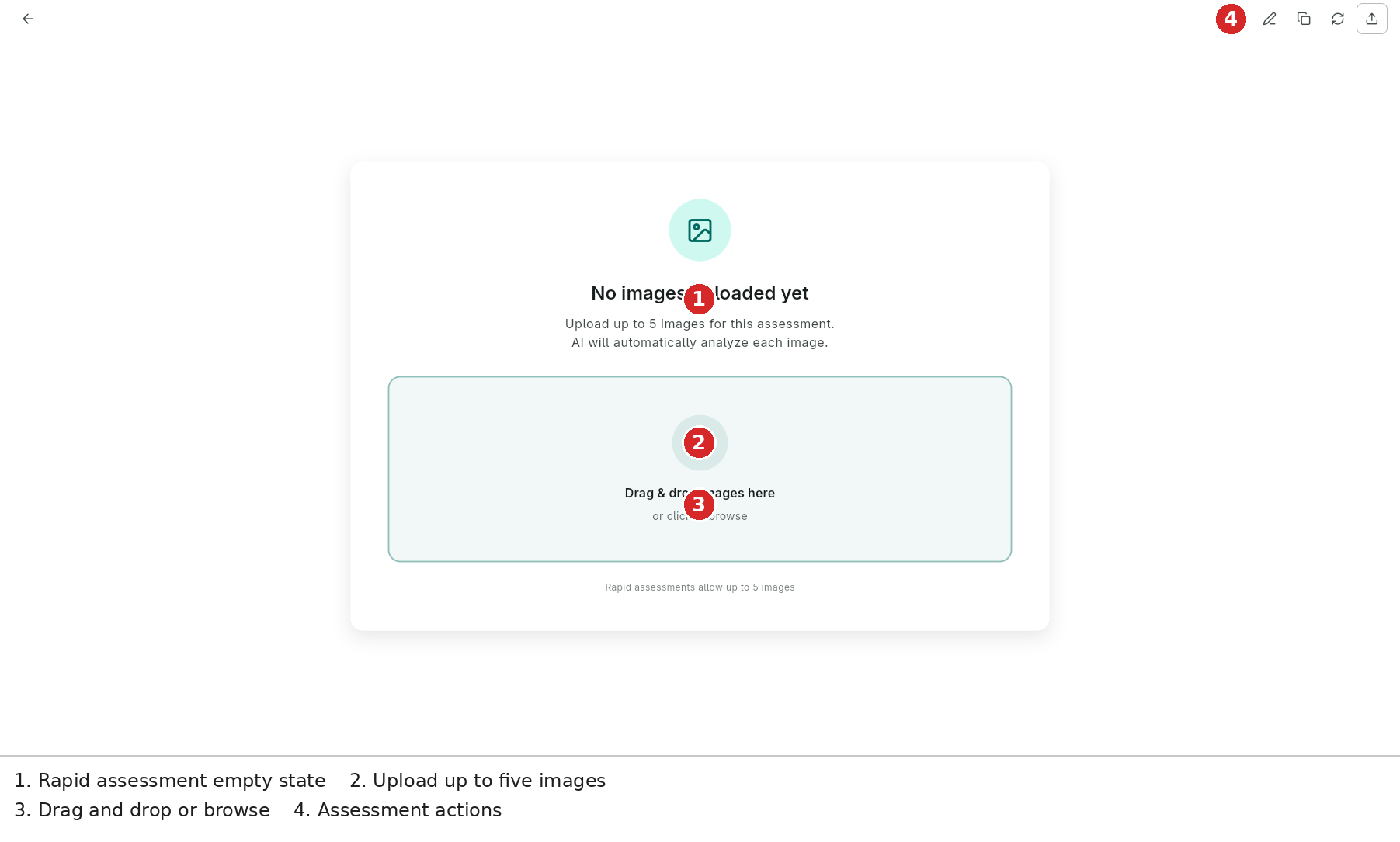 Rapid Assessment — upload up to five images using drag and drop or Browse